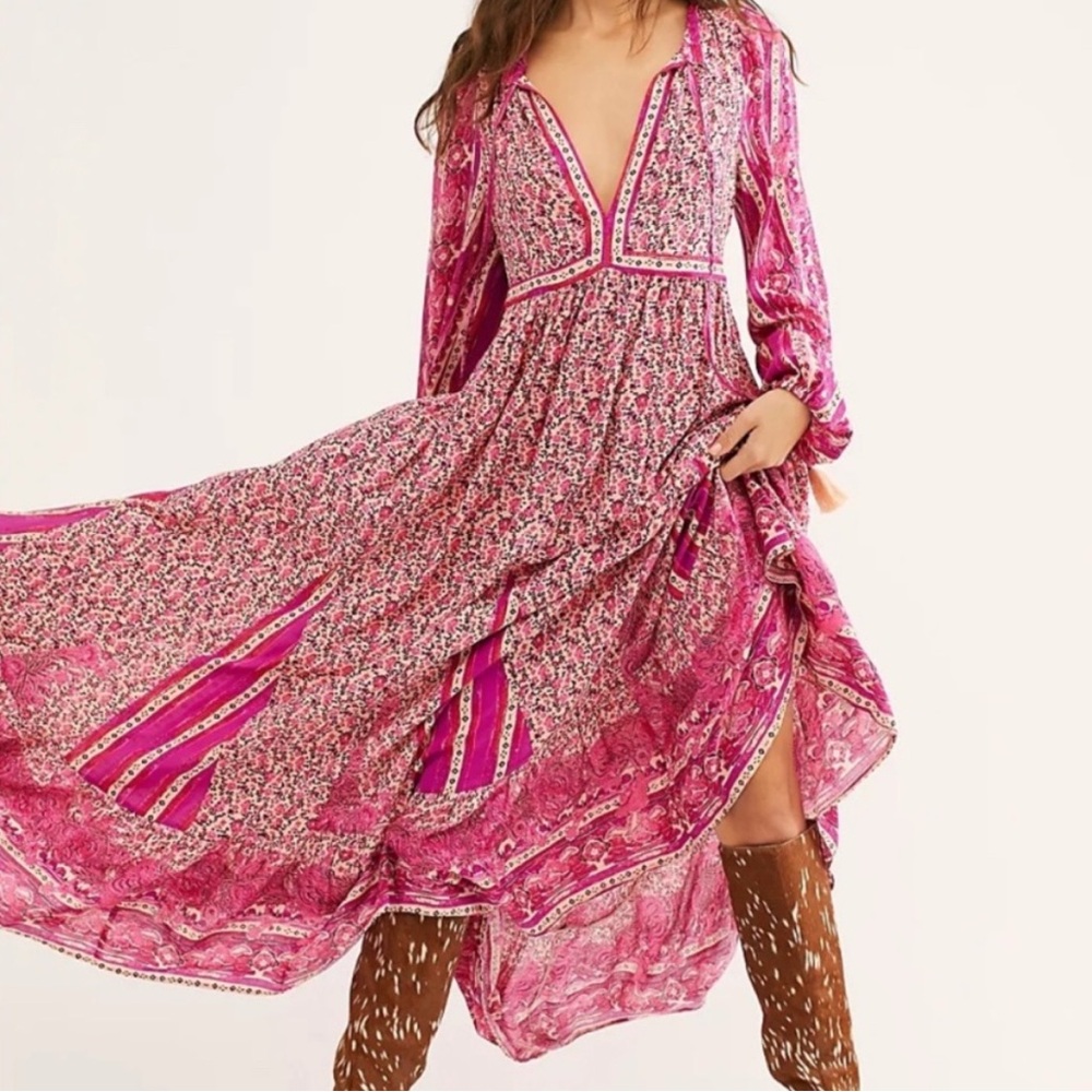 Free People Vibrant Pink Floral Long Sleeve Dress